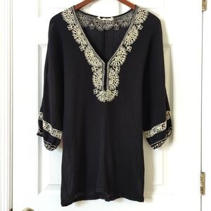 Joie a La Plage Oversized Embroidered V-neck Quarter Sleeve Tunic Blouse Black S